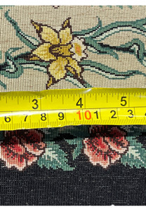 Backside view with ruler of a 3'5 x 5'2 Persian Qum silk rug displaying tight knot alignment, high knot count, and precise handmade construction