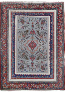 Straight-on view of an 8'10 x 11'9 Persian Isfahan rug highlighting the rare grey background, balanced floral design, and refined craftsmanship