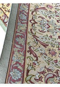 Back view of Persian Qum pure silk rug displaying extremely fine knot density, precise weaving, and crisp floral pattern clarity