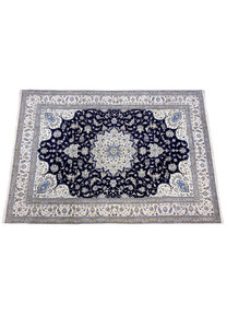 Top view of a rare size Persian Nain 9 La rug highlighting symmetrical design, elongated format, and refined floral composition