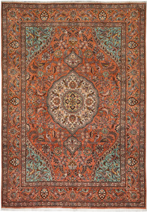 Full view of an 8'2 x 11'2 signed Paradies Persian Tabriz rug showing terracotta field, ivory medallion, garden motifs, and bird imagery