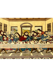 Detailed view of pure silk Persian Qum Pardis pictorial rug highlighting intricate faces, layered garments, and high-knot silk craftsmanship