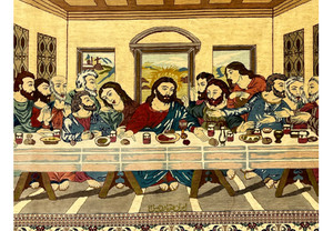 Close-up of central figure in signed pure silk Persian Qum Pardis Last Supper rug showing expressive features and fine silk color transitions