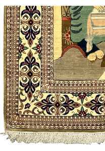 Close-up of border on signed pure silk Persian Qum Pardis rug featuring floral motifs, crisp symmetry, and refined silk craftsmanship