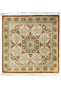 Full view of signed Amjadi Persian Qum 5 x 5 square rug, hand knotted with pure silk on silk, featuring a star medallion and refined symmetry