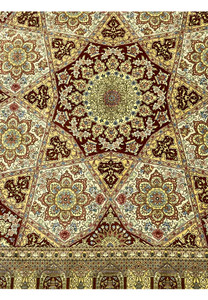 Lower section of signed Amjadi Persian Qum silk rug showing border alignment, floral motifs, and fine silk weaving clarity
