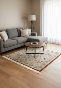 Full view of signed Amjadi Persian Qum 5 x 5 square rug