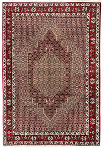 Full view of a 7'4 x 9'8 Persian Senneh rug with deep burgundy field, dense geometric patterning, stepped medallion, and ivory outlined motifs