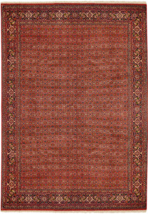Full view of hand-knotted Persian Bijar rug with brick red field, repeating floral lattice, and detailed navy border