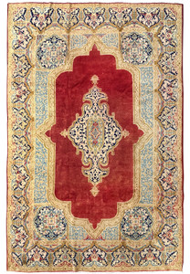 Full view antique Persian Kerman rug 7x10 brick red field large floral medallion ivory and blue borders palace size hand knotted wool