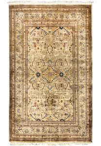 Full view of 6x10 distressed Oriental Agra wool rug with beige gold field, floral lattice design, and aged patina showing vintage character