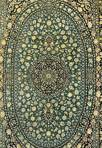 Persian Qum pure silk rug close view of teal field with ivory floral vines and detailed silk knotting, signed Darakhshan 1000 KPSI craftsmanship