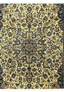 Central medallion detail of Persian Kashan rug in navy and gold tones layered floral rosettes on ivory ground