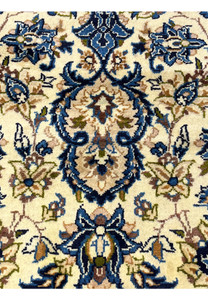 Persian Kashan rug pattern closeup featuring ivory background blue floral motifs symmetrical vine scrolls and dense handmade wool knots
