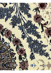 Pattern detail Persian Isfahan wool silk rug blue floral sprays pink peonies crimson centers ivory silk pile