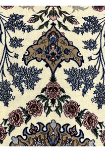 Pattern and motif detail Persian Isfahan wool silk rug blue floral pendants pink roses taupe medallion ivory field