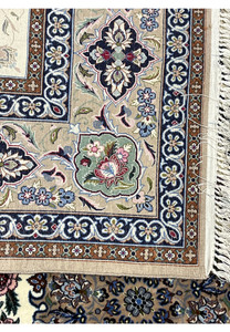 Backside Persian Isfahan wool silk rug showing hand knotted cotton foundation crisp floral pattern Darri signed