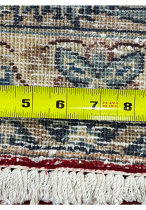 Backside with ruler 10x13 Persian Isfahan wool rug measuring knot density hand knotted cotton foundation