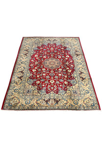 Laid down 10x13 Persian Isfahan wool rug crimson red ground ivory floral border with deer and bird motifs handmade