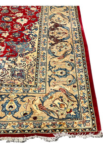 Angled border detail 10x13 Persian Isfahan wool rug ivory ground brown deer bird motifs blue arabesques crimson field