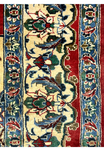 Border closeup 8x12 Persian Isfahan wool rug ivory ground green blue floral vine palmette crimson red surround
