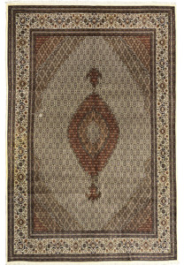 7x11 handmade Persian Tabriz Mahi wool silk rug 50 Raj fish pattern ivory field brown burgundy medallion Persia