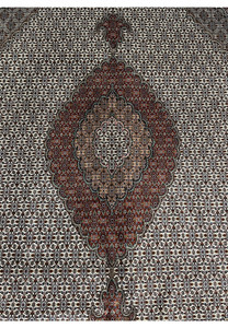 Midfield detail Persian Tabriz Mahi 50 Raj wool silk rug ivory herati fish pattern brown burgundy scalloped medallion