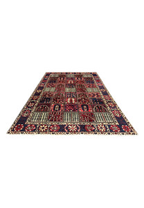 7x10 Persian Bakhtiari panel rug laid flat on floor, red navy ivory colors
