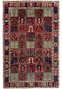 Hand-knotted 7x10 Persian Bakhtiari wool rug with red and navy panel design, full view