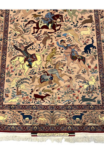 Seirafian master weaver signature on 5x8 fine Persian Isfahan wool silk hunting scene rug