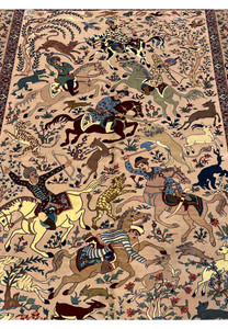 Full hunting scene detail of 5x8 Persian Isfahan Seirafian rug with riders horses and animals