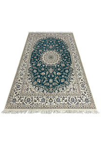7x10 Persian Nain 6La Habibian teal and ivory medallion rug laid flat, wool and silk pile