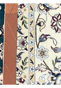 Back of 7x10 Persian Nain 6La Habibian rug showing cotton foundation and hand-knotted structure