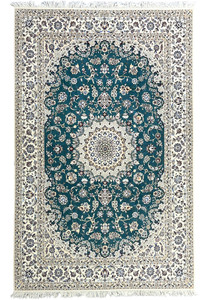Fine 7x10 Persian Nain 6La Habibian rug, teal field ivory medallion, wool and silk, full view