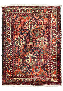 Antique 3'7"x5 Persian Bakhtiari rug, allover floral design in navy, orange and ivory, full view