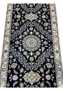 2'9x13 Persian Nain 6La navy blue ivory wool silk scrolling floral field closeup