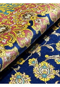 4x6 Persian Qum pure silk rug Kabiri navy rose teal gold silk pile texture rolled closeup detail