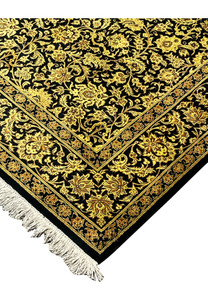 4x6 Persian Qum pure silk rug black gold Versace all-over floral arabesque laid down view