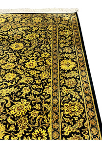 4x6 Persian Qum pure silk rug black gold woven Persian script signature fringe closeup