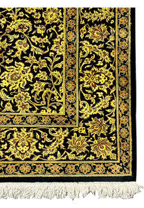 4x6 Persian Qum pure silk rug black gold Versace floral field upper border detail