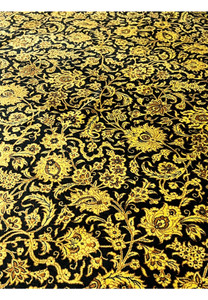 4x6 Persian Qum pure silk rug black gold Versace sunflower floral lower border fringe detail