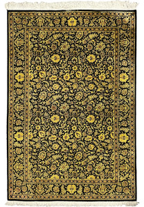 4x6 Persian Qum pure silk rug black gold Versace backside knot density closeup detail