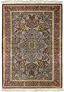 3x5 Persian Qum pure silk rug Varmaluei burgundy ivory gold coral rose floral border closeup