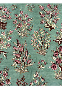 3x5 Persian Qum pure silk rug signed Motevasel tulip rose lily bouquet pattern motif celadon green