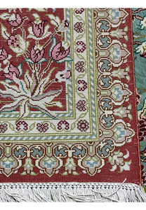 3x5 Persian Qum pure silk rug signed Motevasel backside view silk foundation weave crimson border corner