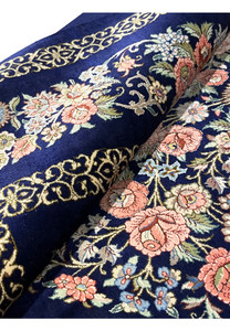 3x5 Persian Qum pure silk rug signed rolled view silk pile sheen navy coral floral border