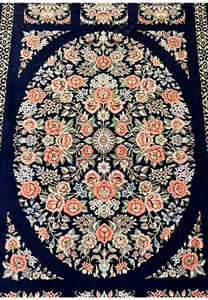3x5 Persian Qum pure silk rug signed large oval floral medallion coral roses navy blue
