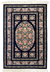 3x5 Persian Qum pure silk rug signed oval floral medallion navy blue coral full view