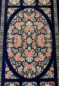 3x5 Persian Qum pure silk rug signed oval floral medallion coral rose closeup navy blue
