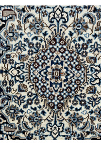 3x5 Persian Nain rug navy diamond medallion ivory arabesque powder blue closeup